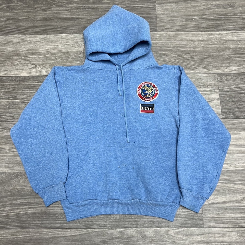 True Vintage 80s Levi's Hoodie Sweatshirt Adult XS Baby Blue Patched USA Team
